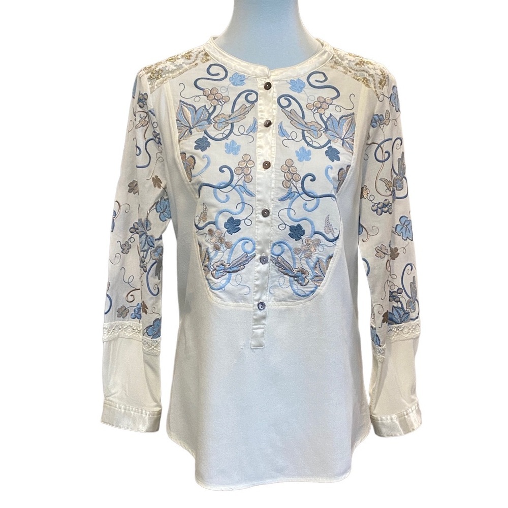 JOHN Mark Embroidered Blouse With Lace Accents